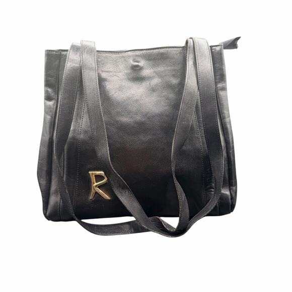 Italian Handmade Black Leather Tote Gold R Logo Shoulder Bag - Picture 4 of 13